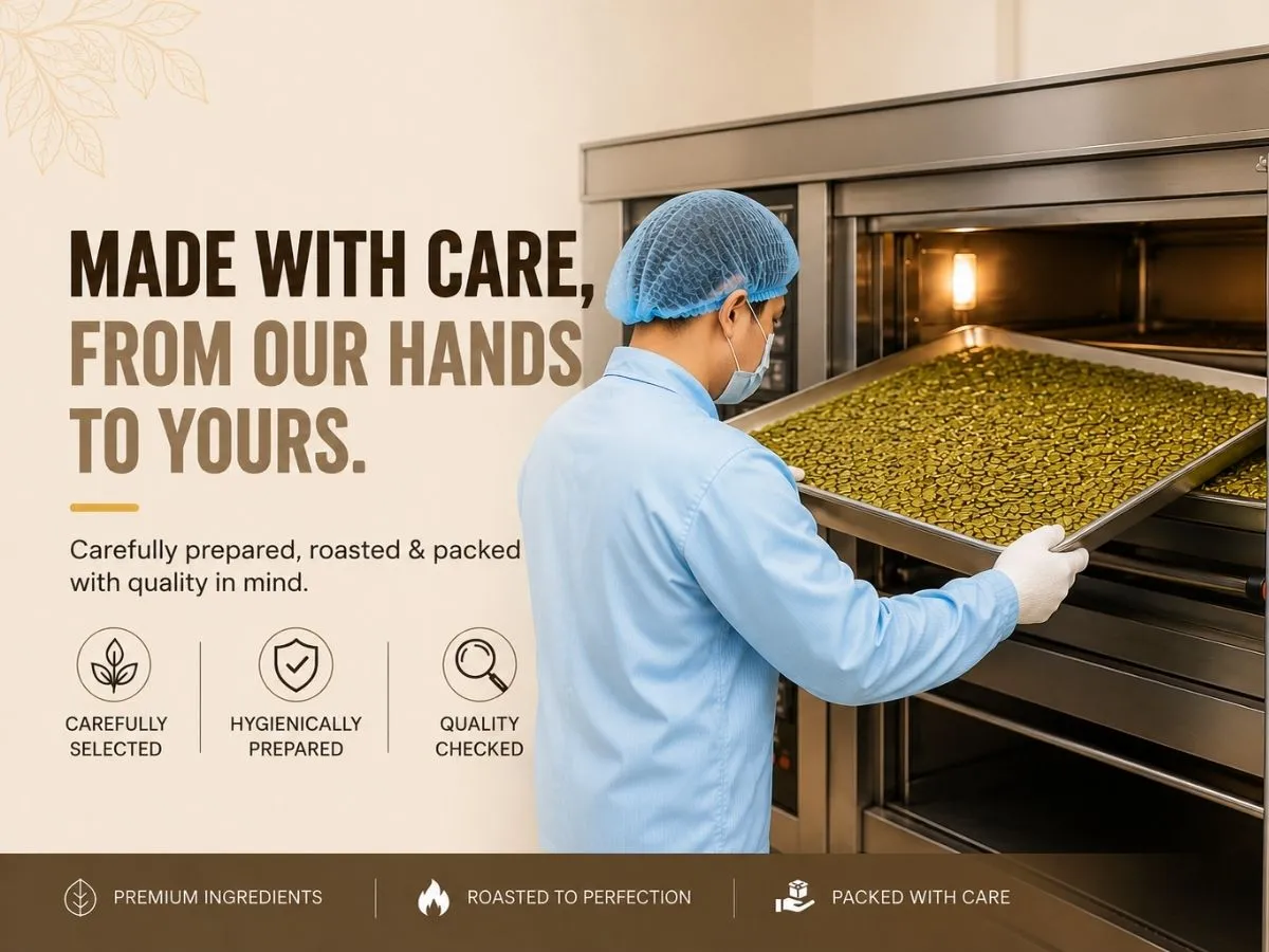 Made with care, from our hands to yours. Carefully prepared, roasted and packed with quality in mind — carefully selected, hygienically prepared, quality checked.